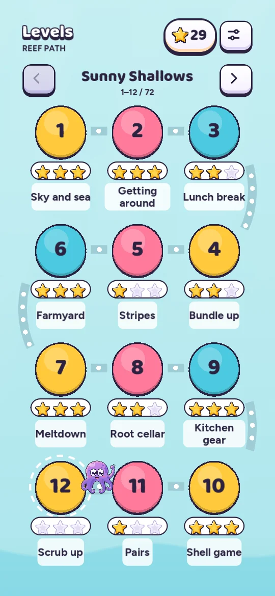 Sunny Shallows reef path with star ratings on solved levels and Pili waiting at level 12