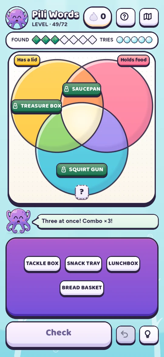 Level 49 mystery board with Has a lid and Holds food shown, the third category hidden and three words locked in