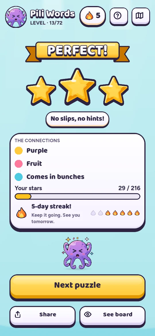 Perfect! card with three gold stars, the three connections and a five-day streak
