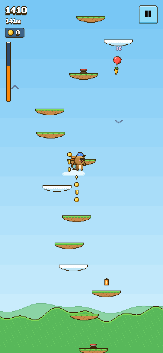 Rocket wearing a blue cap, bouncing among meadow platforms, coins and fuel cans