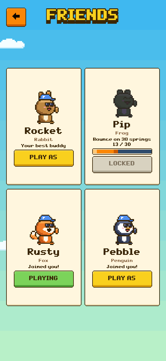 Friends screen showing Rocket the rabbit, Pip the frog, Rusty the fox and Pebble the penguin