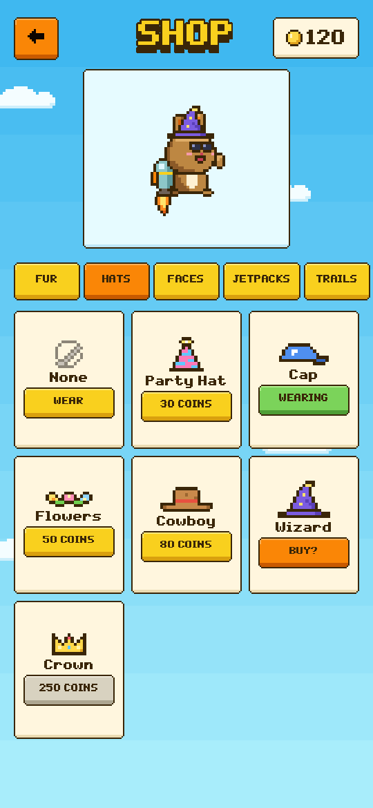 Rocket previews a wizard hat in the shop, with tabs for fur, hats, faces, jetpacks and trails
