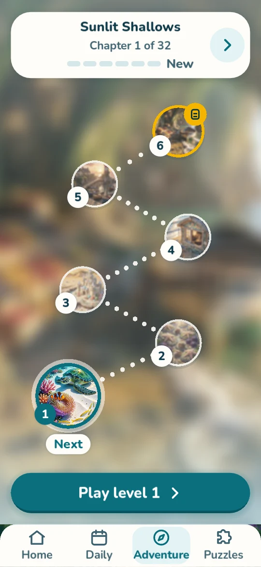 Sunlit Shallows, chapter 1 of 32, with six puzzles along a winding trail