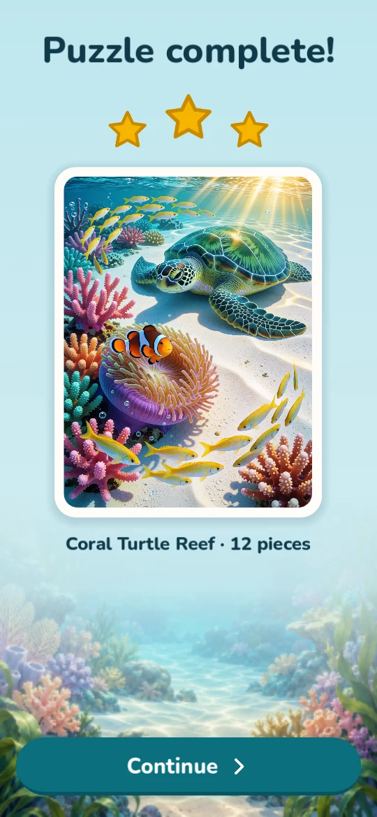 Puzzle complete screen showing the finished Coral Turtle Reef picture and three stars