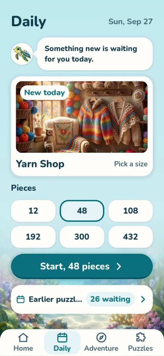 Daily Yarn Shop puzzle with six piece counts and an Earlier puzzles button